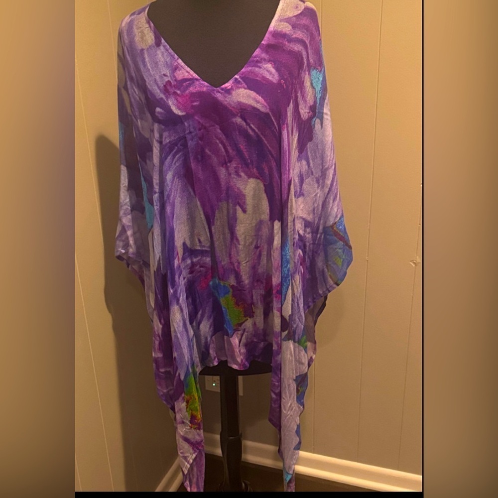 Dupatta Purple Watercolor Shark Bite Hem Semi-Sheer Poncho/Cover-Up. Nwt. Os.